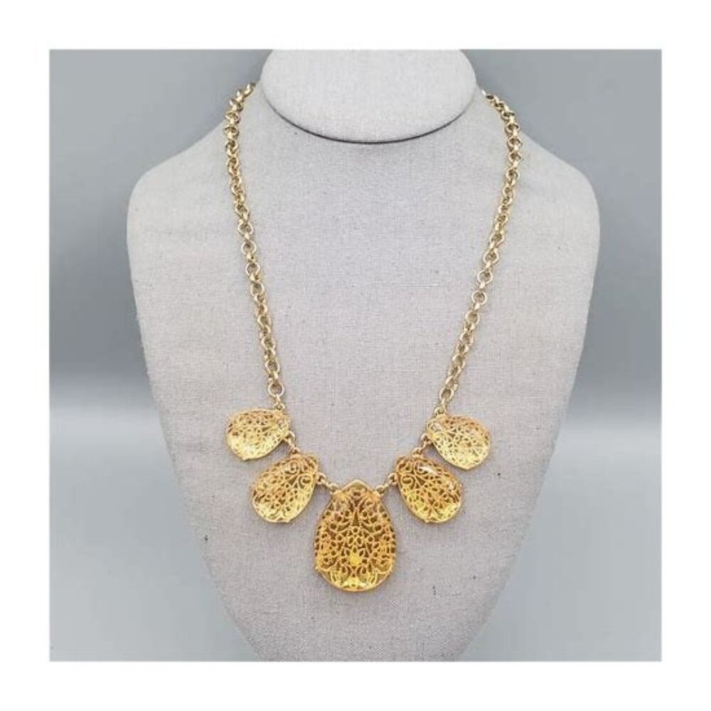 New Womens Filigree Necklace & Earrings Set Gold Toned Acrylic Teardop - Picture 2 of 6
